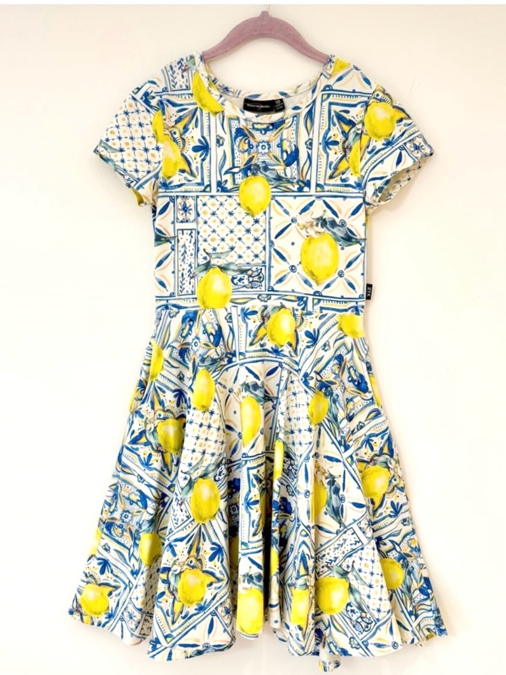Australian Rock Your Kid Twirl Dress Tuscan Lemon & Delft Blue Tile Print Sz 10